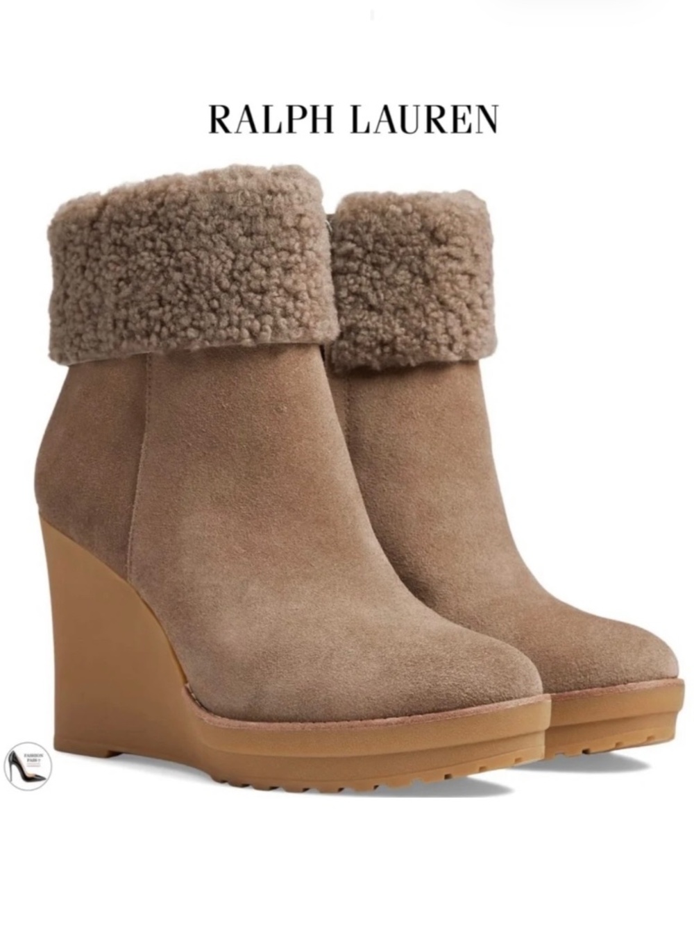 Ralph Lauren Steph Sheep Shearling Cuff Wedge Booties Taupe Suede Pull On Boots
